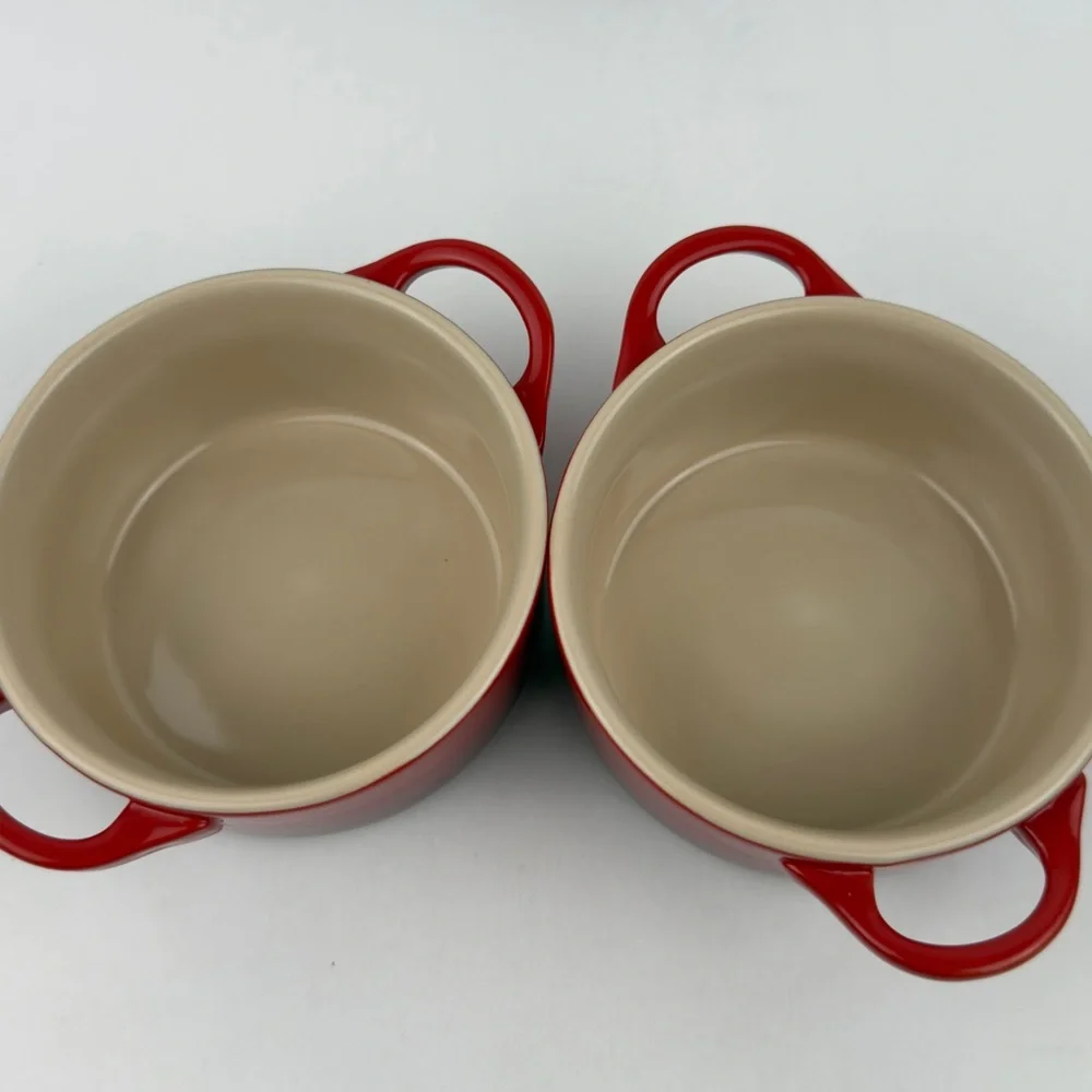 Le Creuset Cerise Red 8 oz Mini Round Cocotte Stoneware Set of 2 New